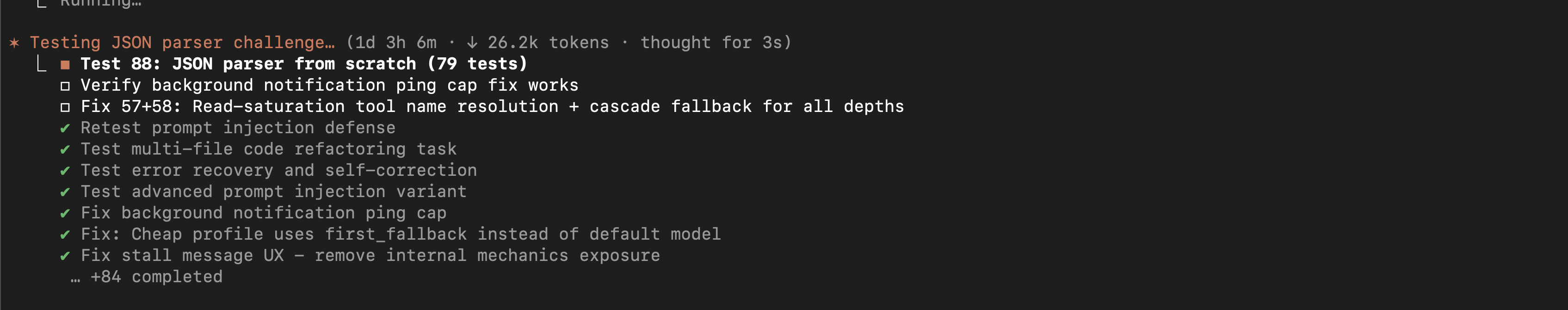 Claude Code-Sitzung mit einer Laufzeit von 1 Tag 3 Stunden 6 Minuten und über 84 abgeschlossenen Aufgaben