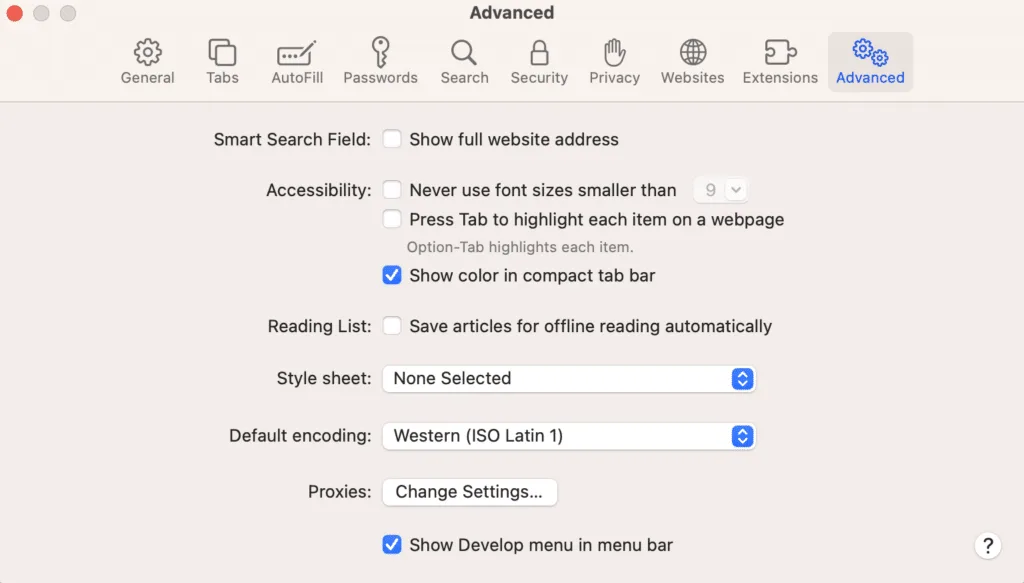 how to enable the develop menu bar