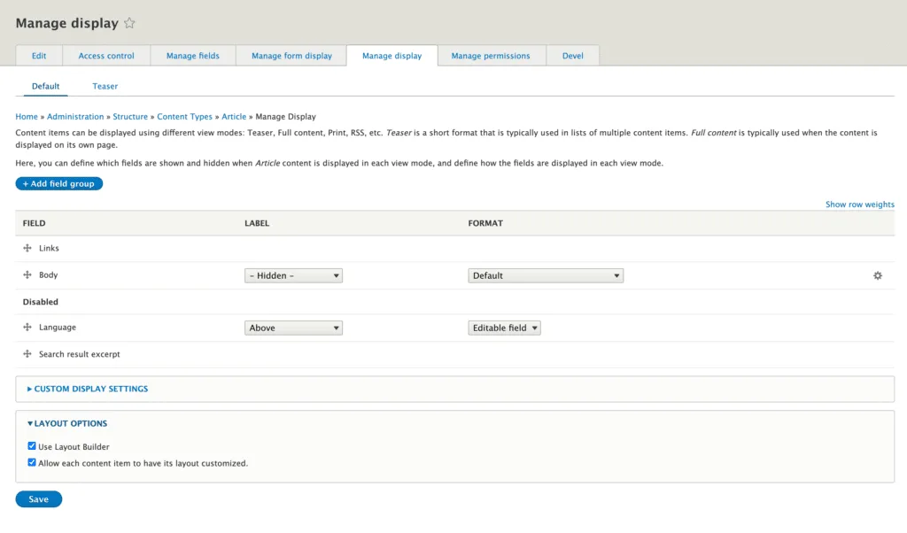 Layout Builder aktivieren
