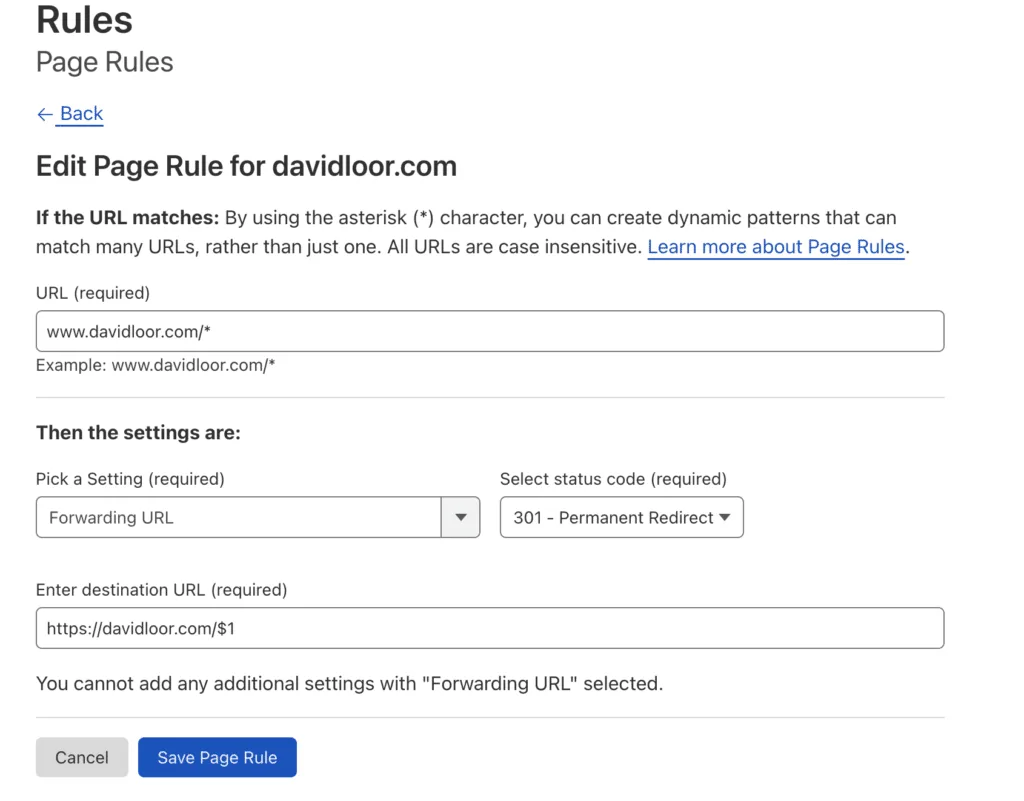 Cloudflare redirect rule settings screenshot