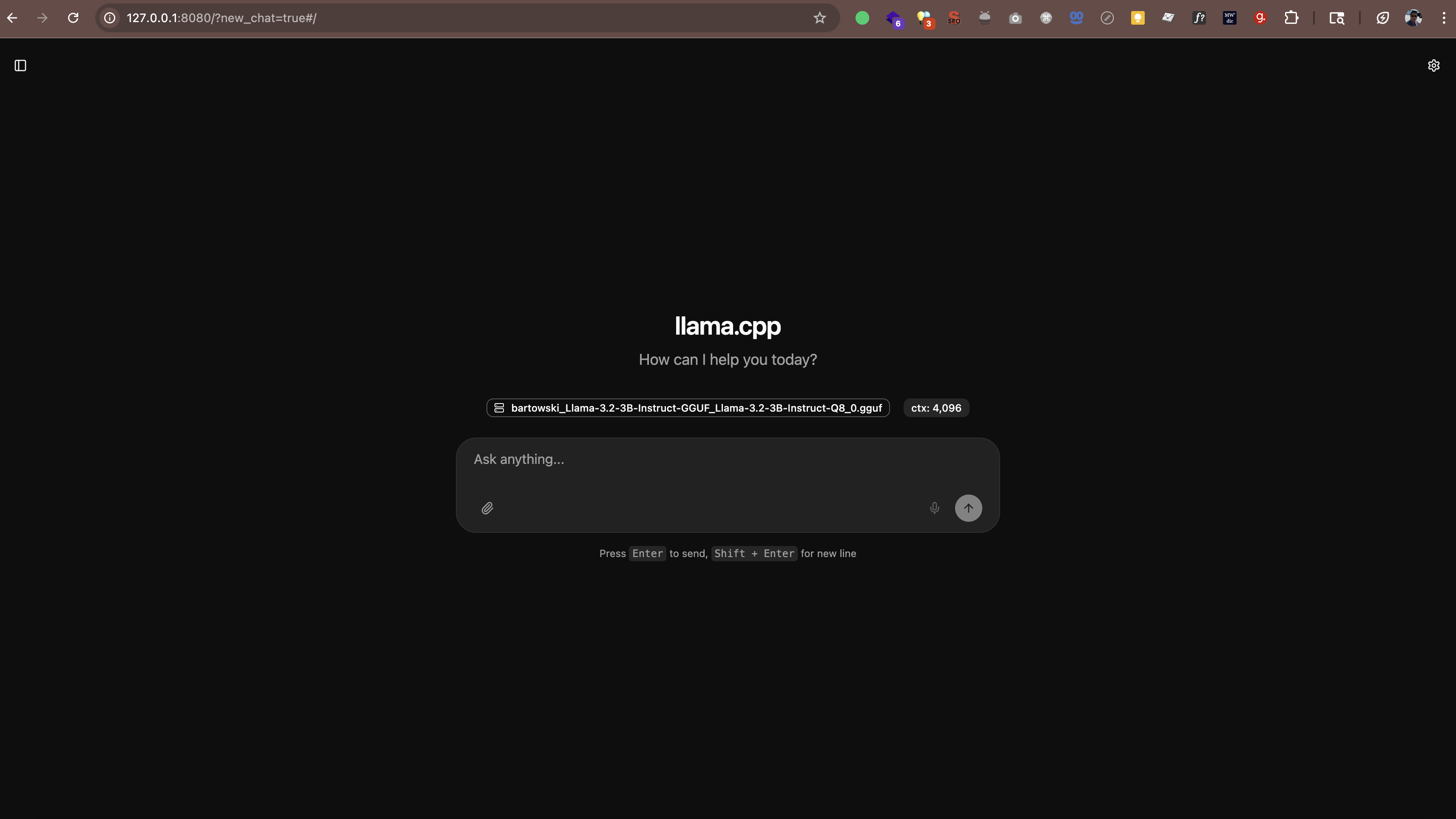 llama.cpp web interface showing a clean chat interface with dark theme