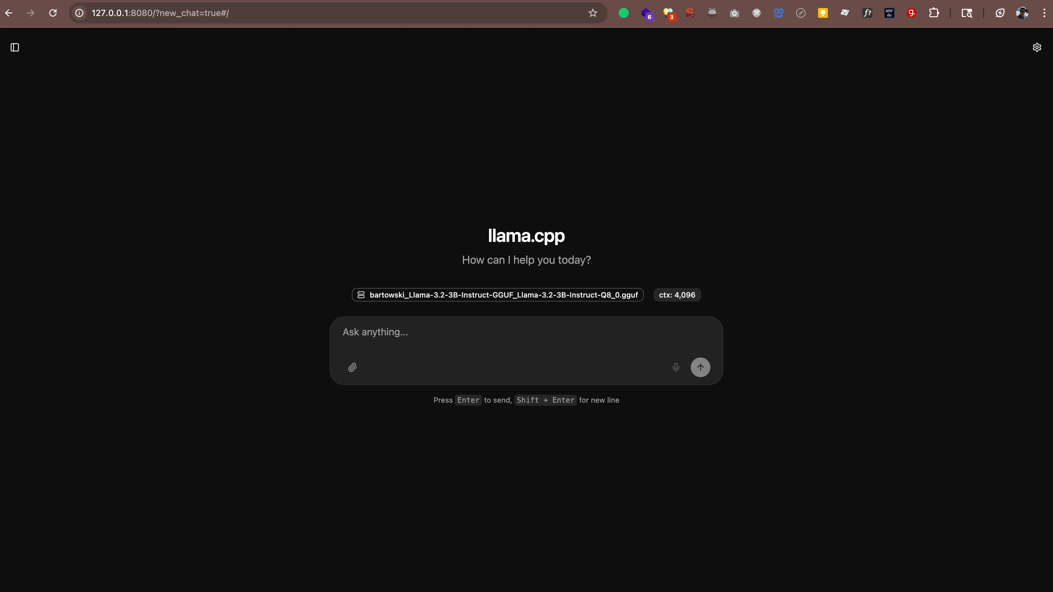 llama.cpp webinterface met een schone chatinterface met donker thema