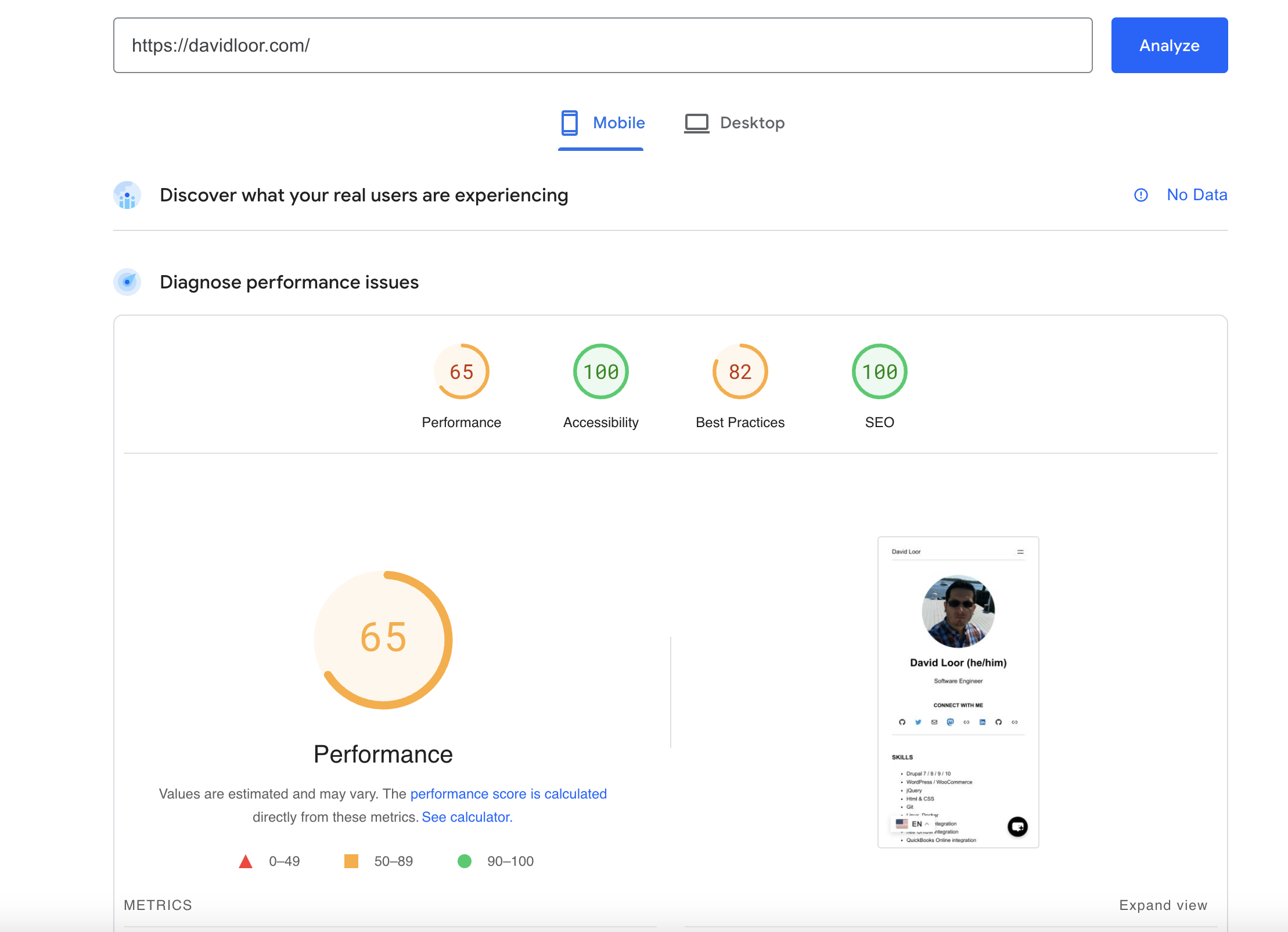 PageSpeed Insights showing a performance score of 65 for the old WordPress site on mobile devices