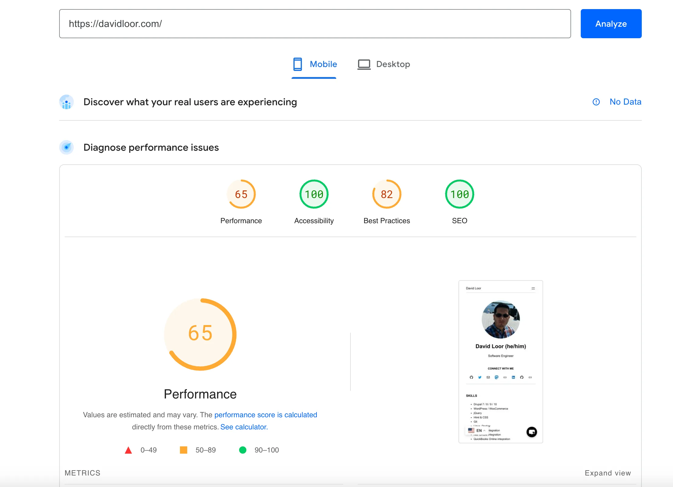 PageSpeed Insights toont een prestatiescore van 65 voor de oude WordPress-site op mobiele apparaten