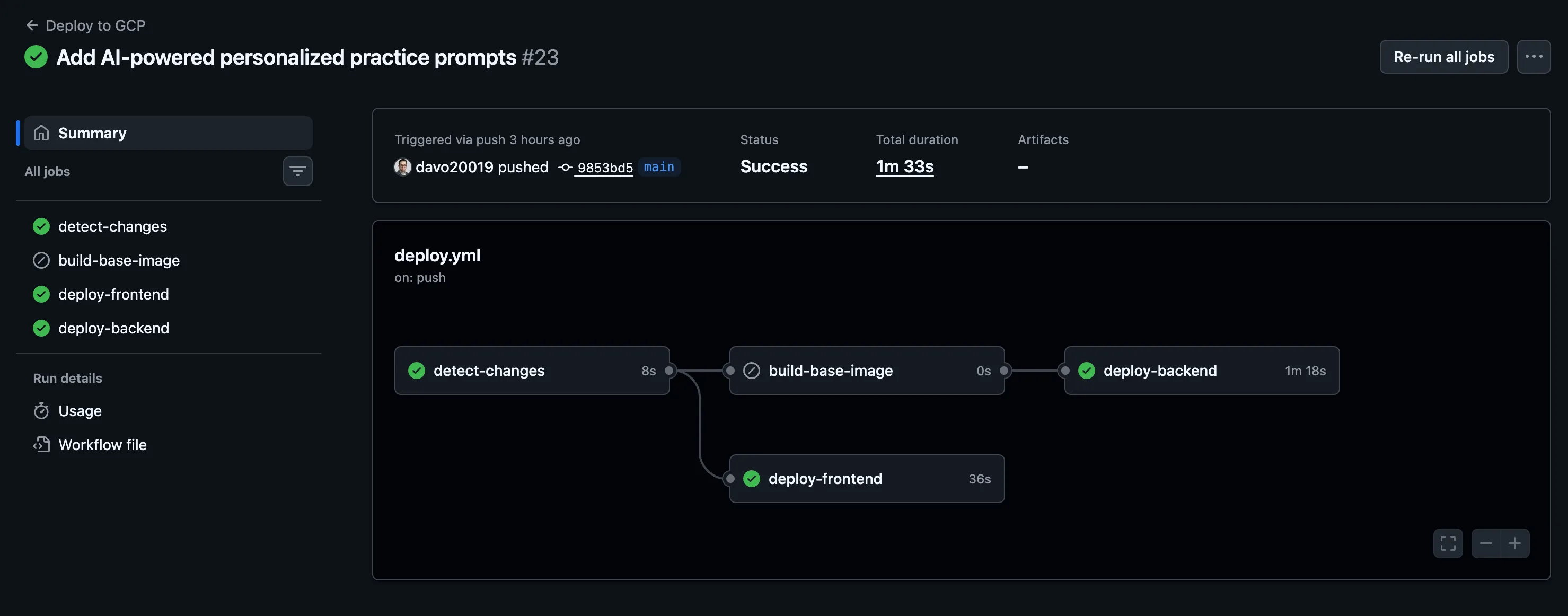 Flujo de trabajo de GitHub Actions que muestra los trabajos detect-changes, build-base-image, deploy-frontend y deploy-backend completándose en 1m 33s